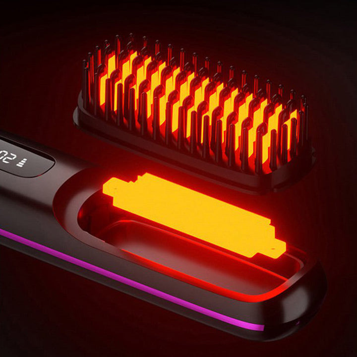 Brosse à cheveux lissante sans fil et portable, avec revêtement céramique pour un lissage rapide.