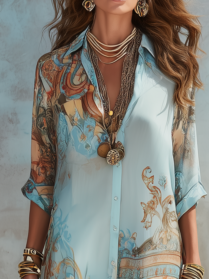 Robe maxi chemise femme à manches courtes, fluide et imprimée de motifs artistiques, idéale printemps/été.