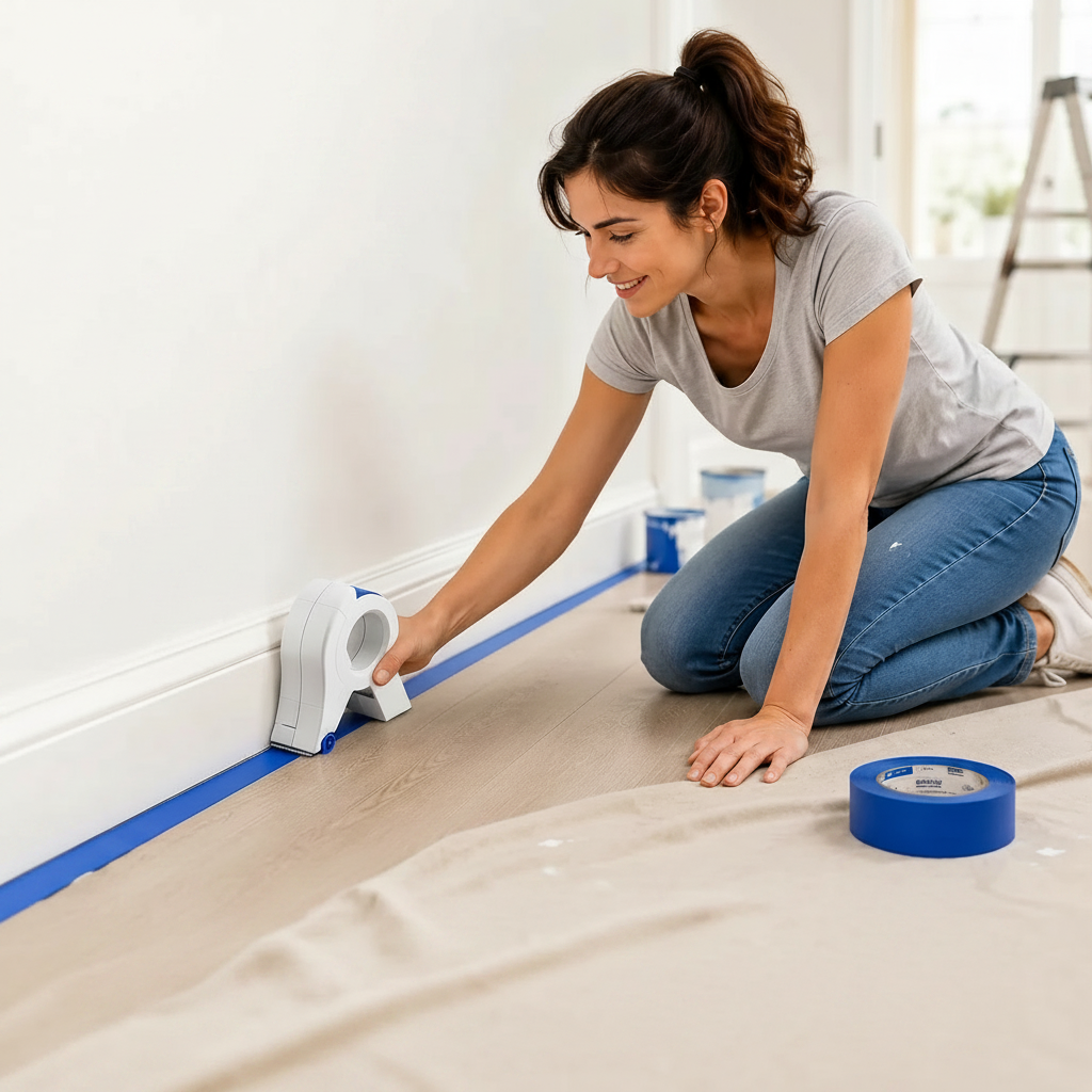 Outil de masquage professionnel en gros plan, distributeur de ruban pour peinture précise et lignes nettes.