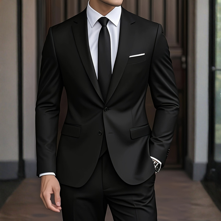 Costume de cérémonie homme bleu marine, coupe moderne, élégant et confortable pour mariage.