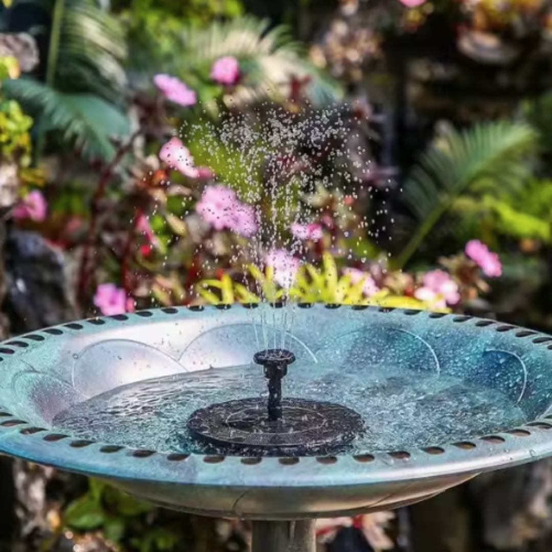 Panneau solaire intégré d'une fontaine flottante, énergie verte pour animer l'eau du jardin.