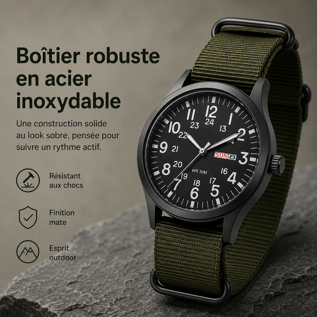 Montre homme étanche au poignet, polyvalente pour le quotidien et les explorations outdoor.