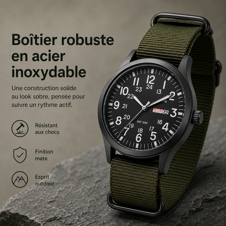 Montre homme étanche au poignet, polyvalente pour le quotidien et les explorations outdoor.