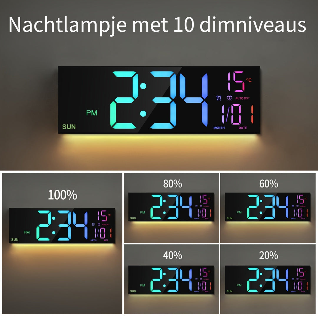 Horloge LED géante et moderne, affichage numérique clair des 8 couleurs, température et date.