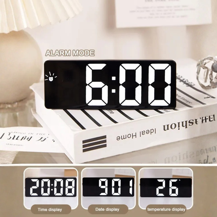 Réveil numérique design, alimenté par USB, avec fonction snooze et affichage LED clair.