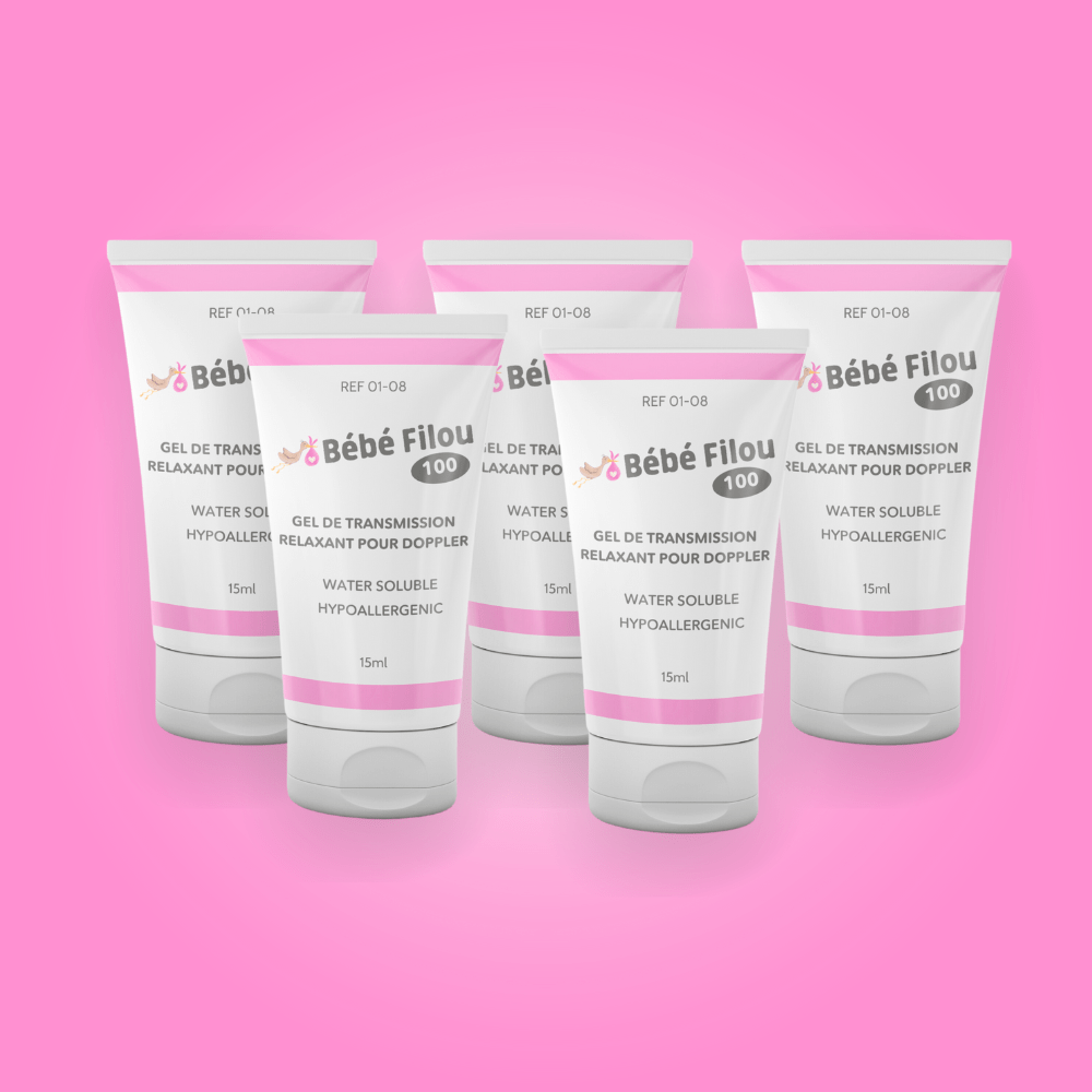 Lot de 5 tubes de gel échographique pour Doppler bébé, idéal pour écouter les battements du cœur pendant la grossesse.