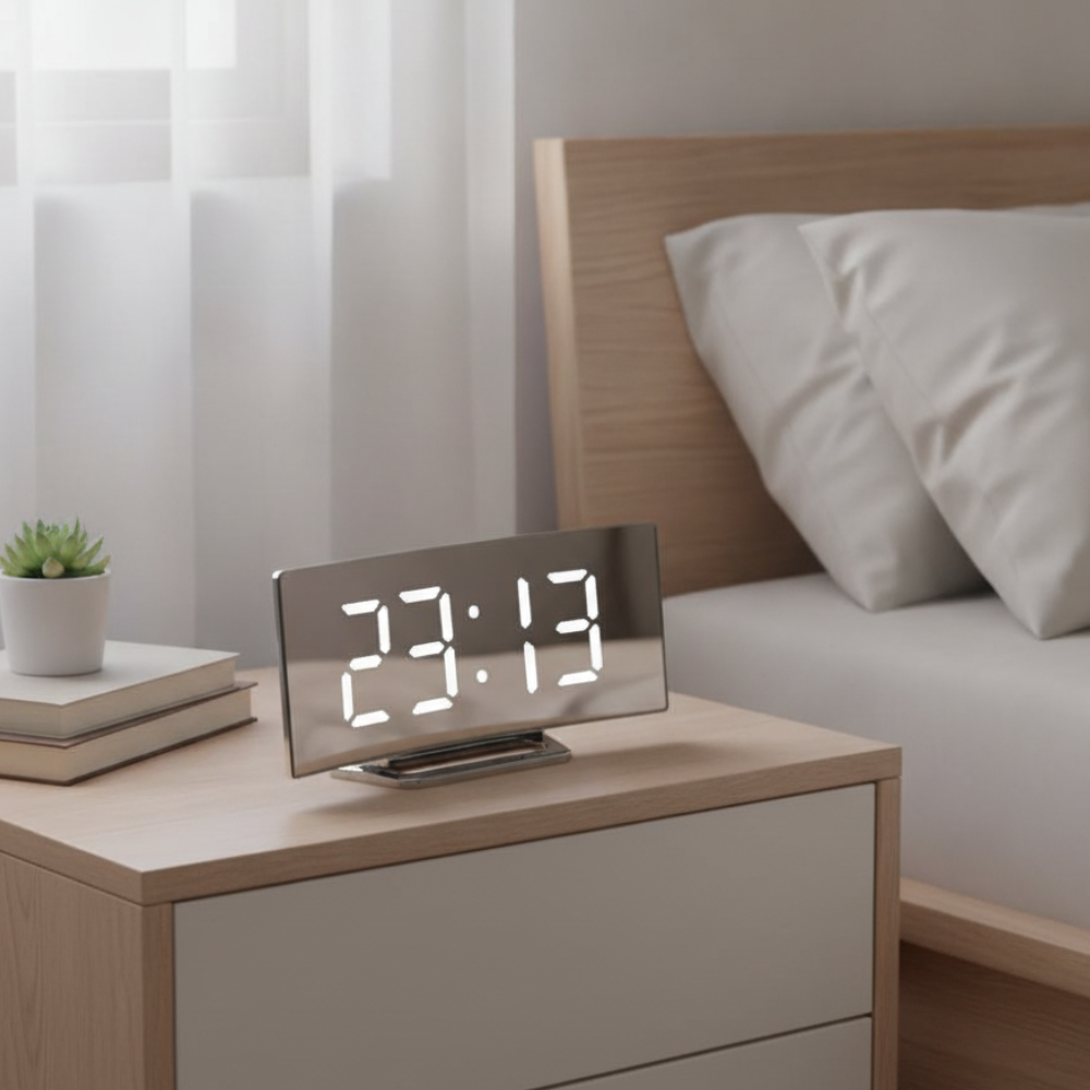 Réveil LED incurvé avec chiffres lumineux, luminosité réglable, s'intègre à tout décor de chambre.