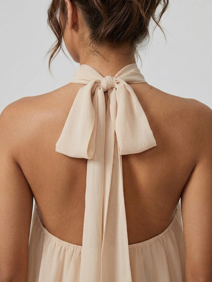 Robe courte estivale pour femme, dos nu séduisant, col halter tendance. Coupe mini et volants.