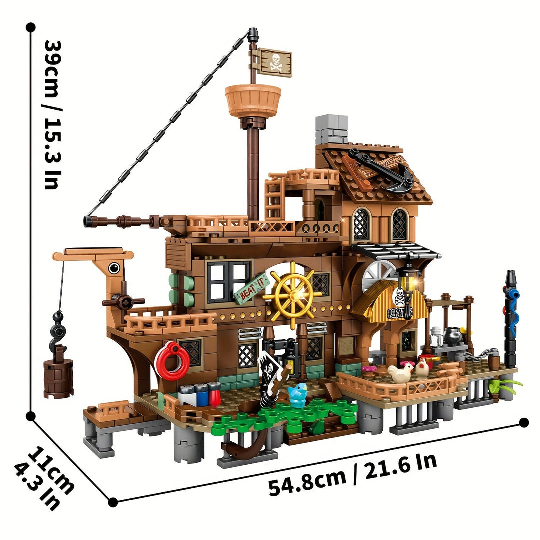 Zoom sur les détails du navire pirate en briques avec voiles et figurines. Jouet de construction stimulant l'imagination.