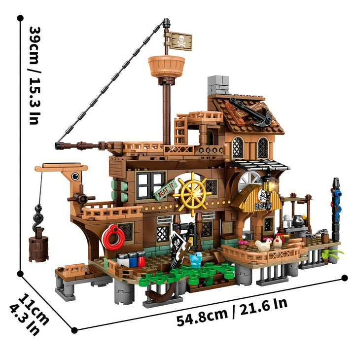 Zoom sur les détails du navire pirate en briques avec voiles et figurines. Jouet de construction stimulant l'imagination.