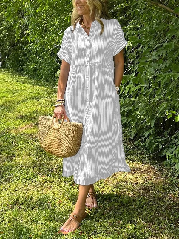 Élégante robe d'été boutonnée pour femme, coupe fluide maxi, col rond, manches courtes, parfaite pour un style décontracté.