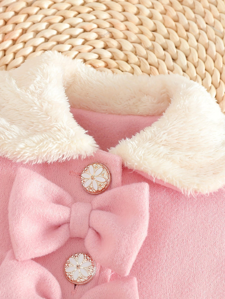 Manteau d'hiver polyester pour fille, rose doux, coupe élégante avec nœud et col en peluche, idéal pour le froid.