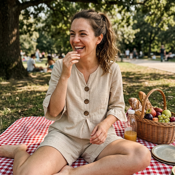 Vêtements femme : ensemble décontracté avec short et blouse à manches volants, mode estivale.