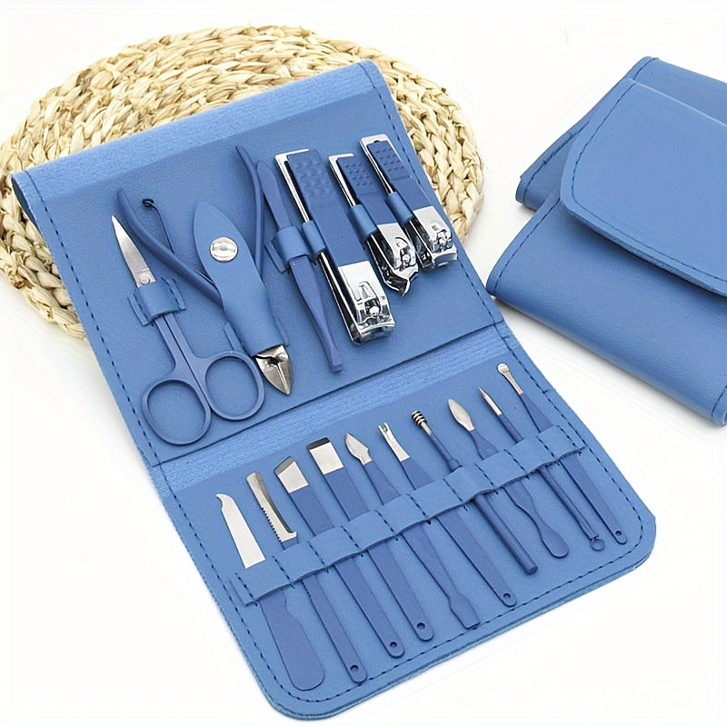 Trousse manucure pédicure portative 16 outils en acier inoxydable, idéale pour voyage et hygiène.