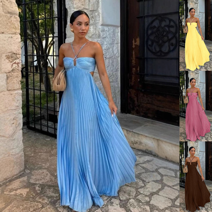 Robe plissée femme élégante col halter fluide, parfaite pour une soirée chic ou cocktail.