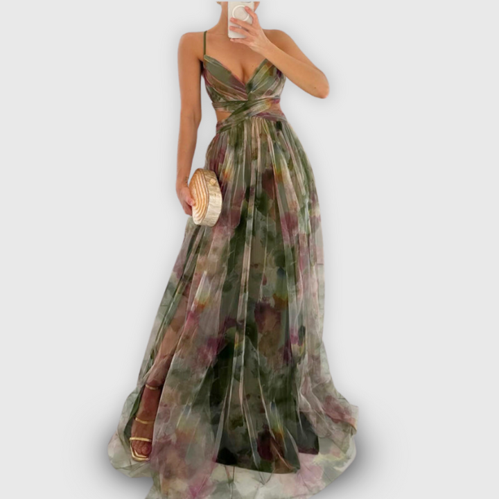 Robe printemps-été femme Dora, coupe maxi fluide, design fleuri élégant, taille ajustable.