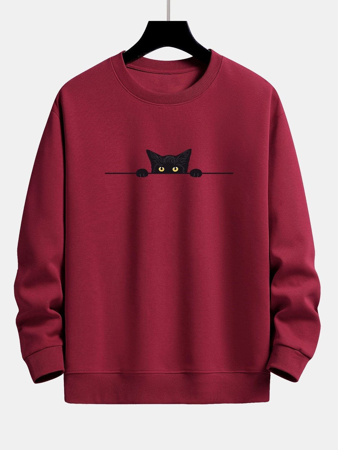 Ce sweat-shirt unisexe noir présente un imprimé chat noir audacieux, offrant un style décontracté et unique.