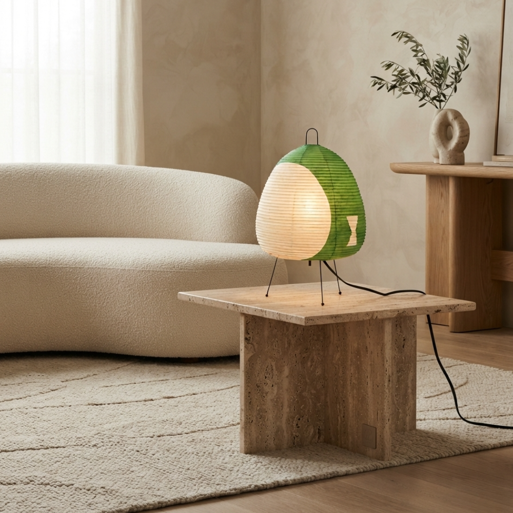 Éclairage intérieur minimaliste, lampe de sol en papier de riz, style zen et contemporain.