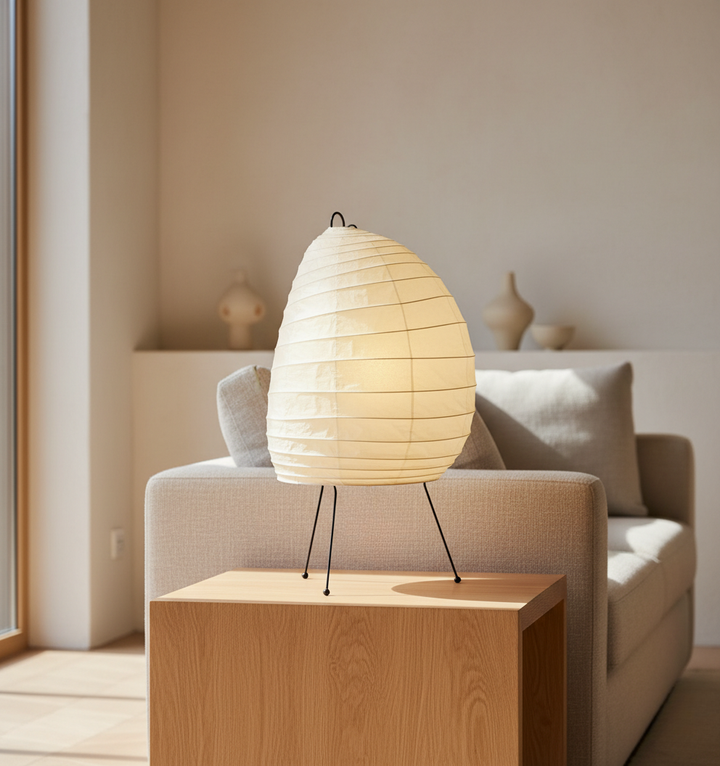 Lampe de table élégante style japandi avec diffuseur papier washi, lumière douce.