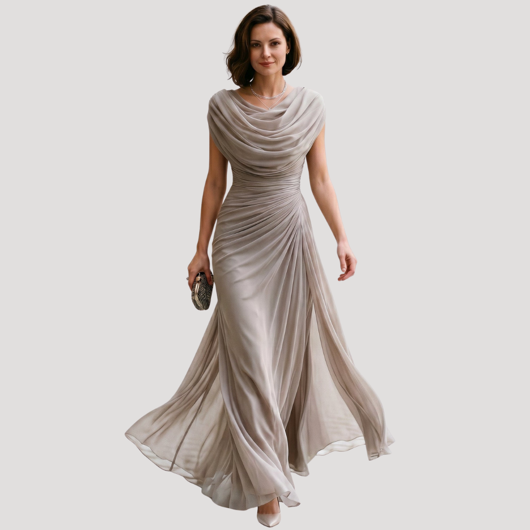Robe longue femme élégante et fluide, drapée, parfaite pour soirée ou cérémonie. Mode chic.