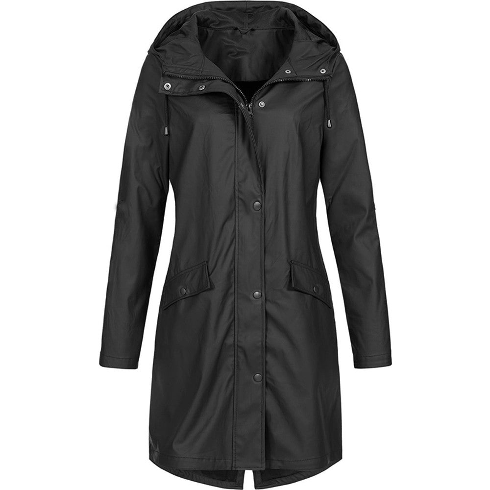 Imperméable long femme noir élégant, idéal contre la pluie. Manteau de mode polyvalent pour protection extérieure.