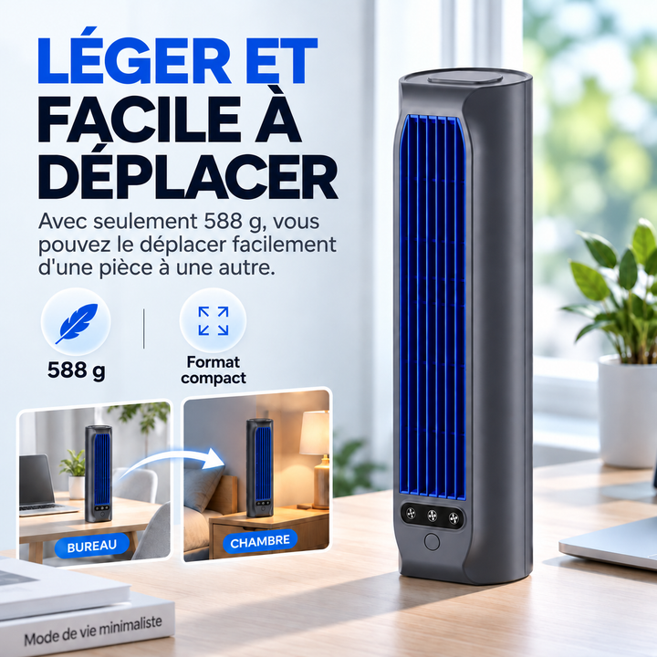 Ventilateur colonne rechargeable offrant une brise fraîche et silencieuse, idéal pour l'été.