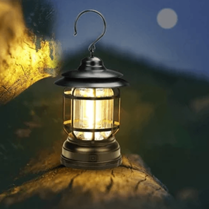 Lampe multifonction vintage portable, idéale pour camping, jardin, terrasse ou décoration extérieure rétro.