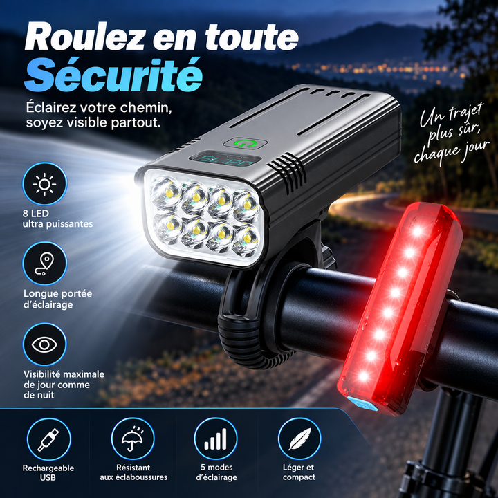 Phare avant vélo LED 8000 lumens rechargeable USB, éclairage puissant pour VTT, route et sécurité nocturne.