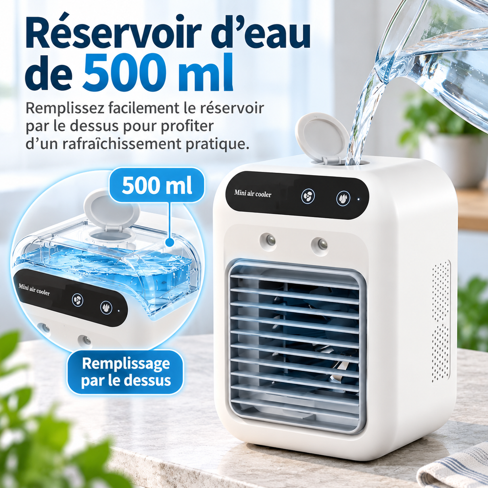 Mini climatiseur d'air personnel USB avec fonctions ventilateur et humidificateur intégrées.