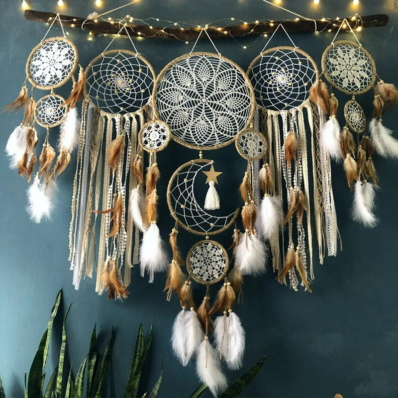Ensemble de 5 capteurs de rêves bohèmes faits main en macramé de coton, décoration murale pour chambre et salon.