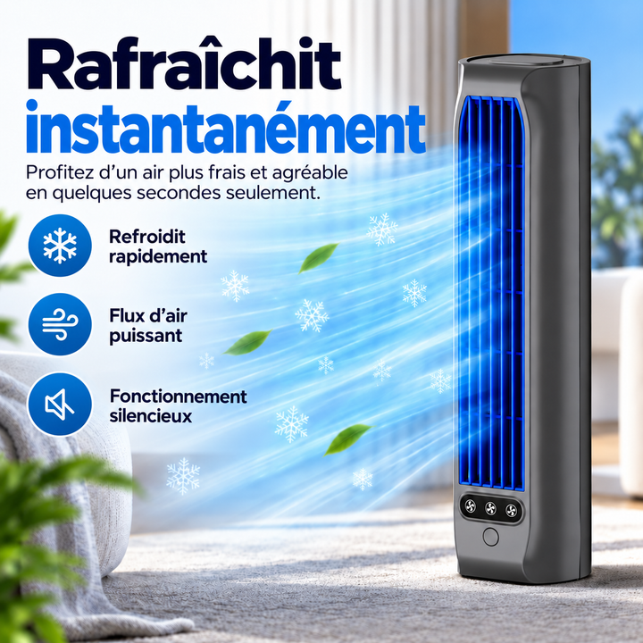 Ventilateur colonne sans fil, rechargeable pour ventilation discrète et fraîcheur continue.