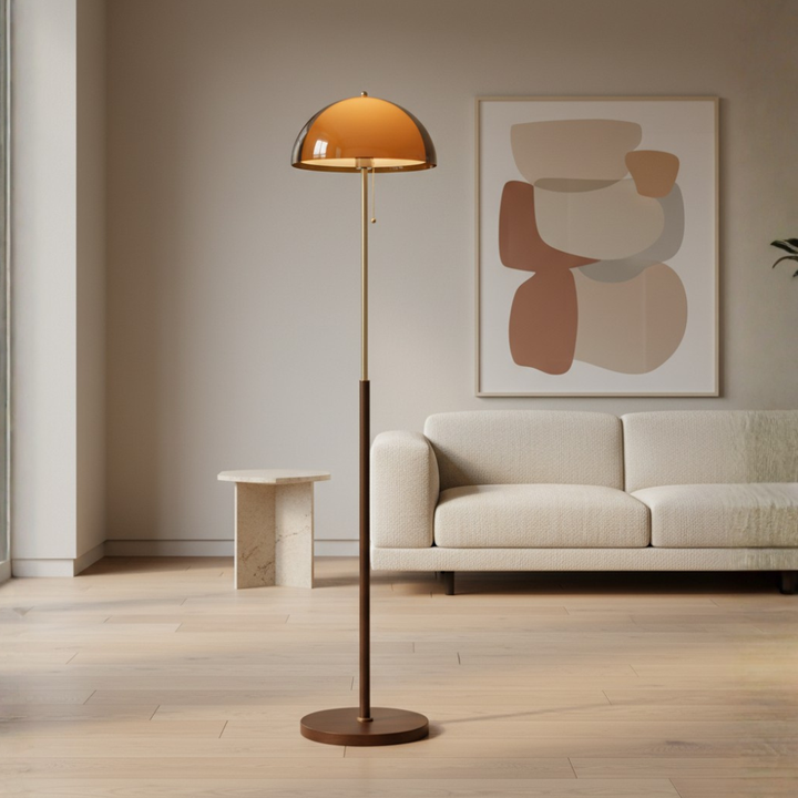Lampe de sol Rustina moderne avec dôme ambré rétro, idéale pour éclairage ambiant de salon.