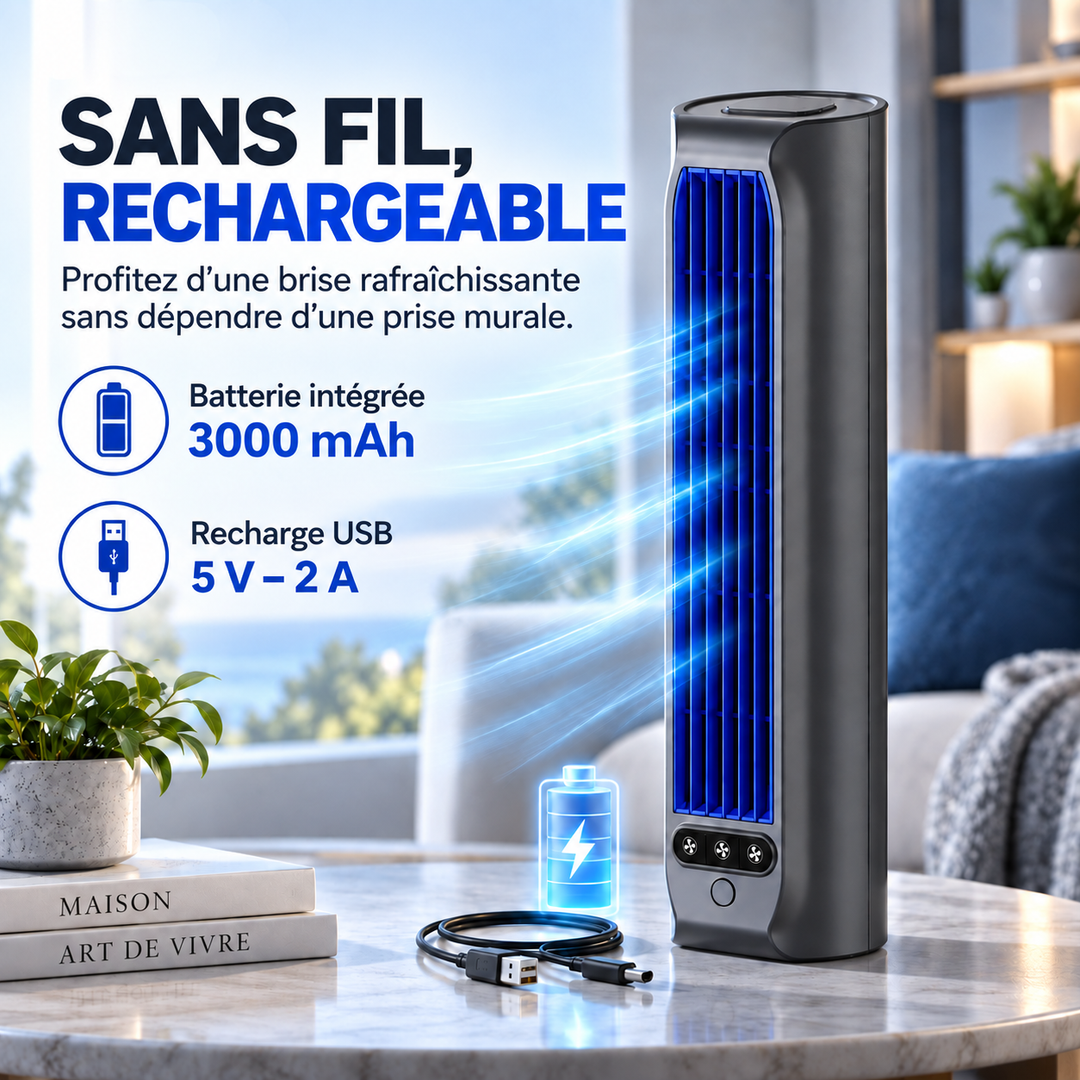 Ventilateur colonne rechargeable pour la maison, offrant une fraîcheur bienvenue durant l'été.