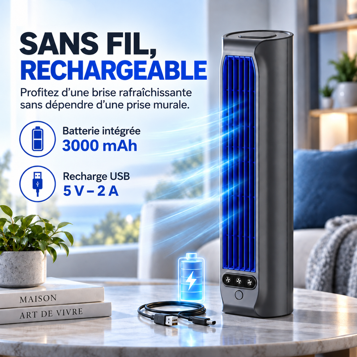 Ventilateur colonne rechargeable pour la maison, offrant une fraîcheur bienvenue durant l'été.
