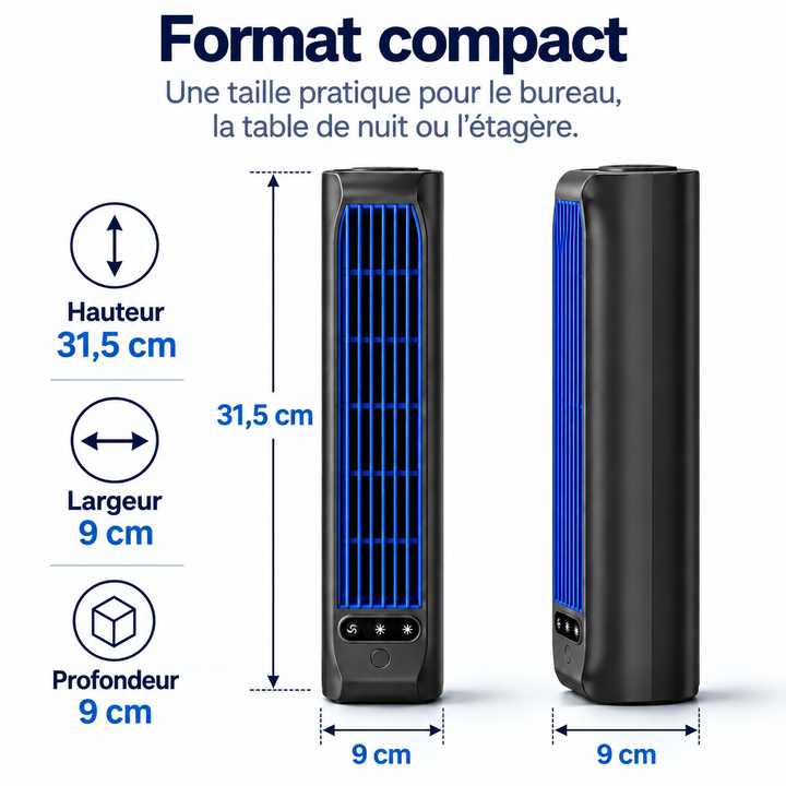 Refroidissement mobile avec ce ventilateur colonne portable rechargeable, parfait pour l'été.