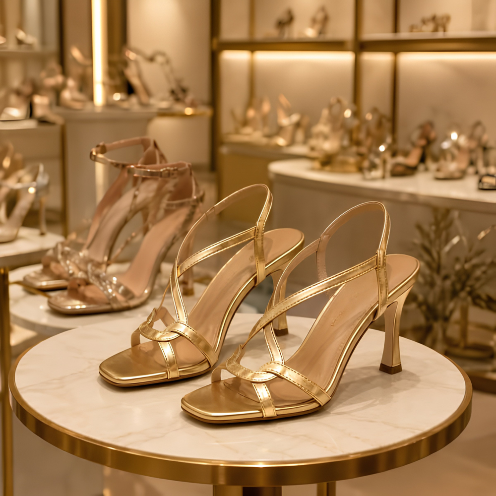 Sandales dorées à talons aiguilles et fines lanières, idéales pour l'été, les cérémonies et la mode femme.