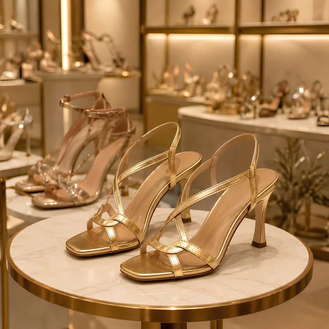 Sandales dorées à talons aiguilles et fines lanières, idéales pour l'été, les cérémonies et la mode femme.