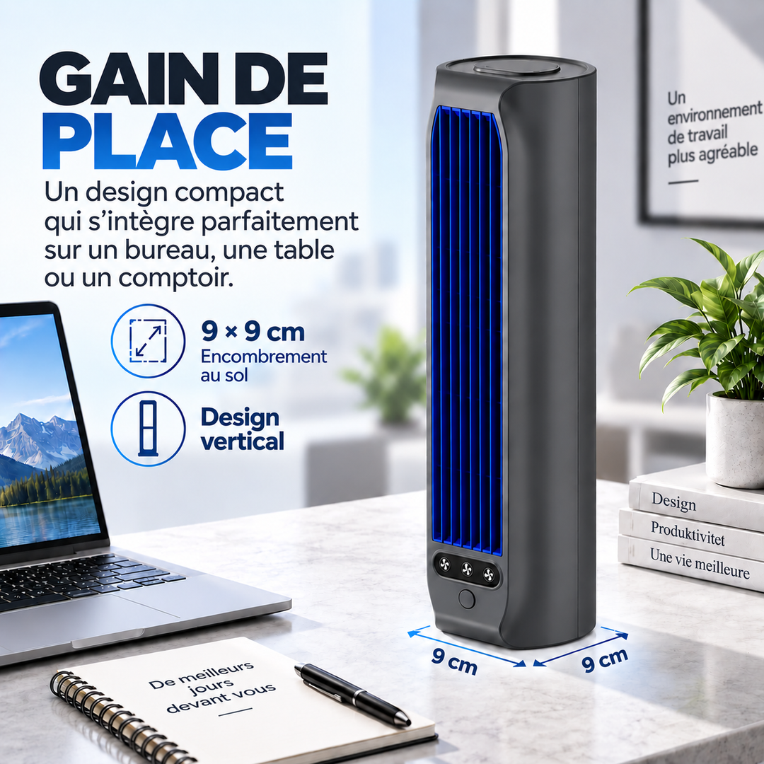 Ventilateur portable sans fil idéal bureau, fournit une ventilation compacte et rafraîchissante.