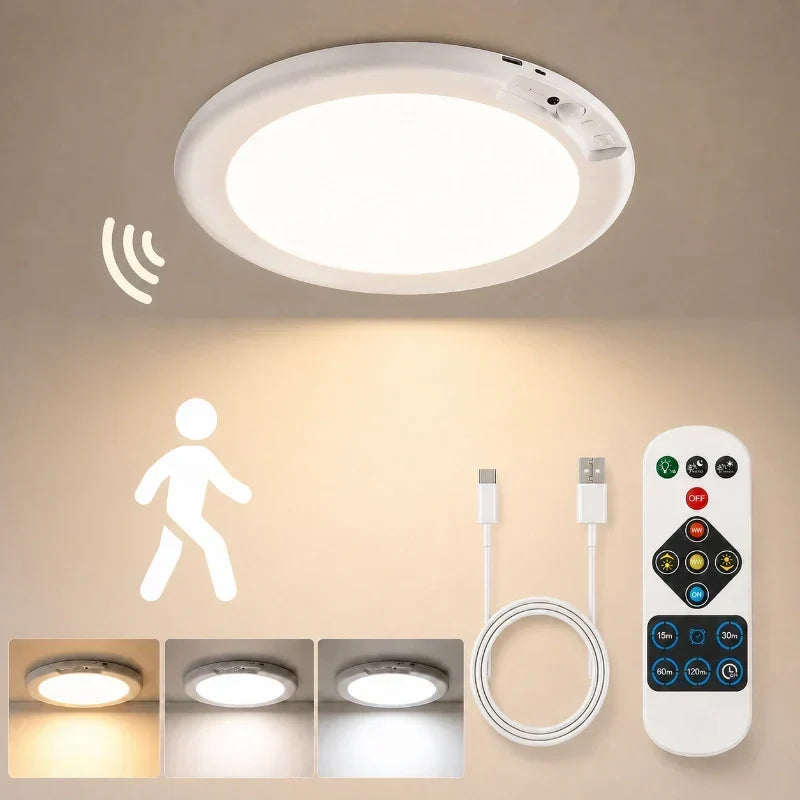 Lampe plafond intelligente LED. Capteur de mouvement, rechargeable USB-C, sans fil. Éclairage automatique maison.