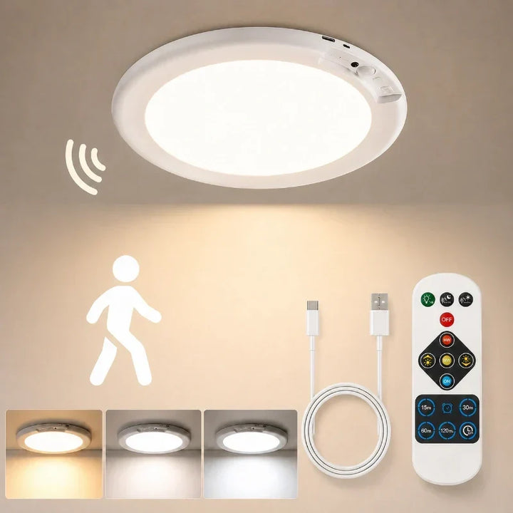 Lampe plafond intelligente LED. Capteur de mouvement, rechargeable USB-C, sans fil. Éclairage automatique maison.