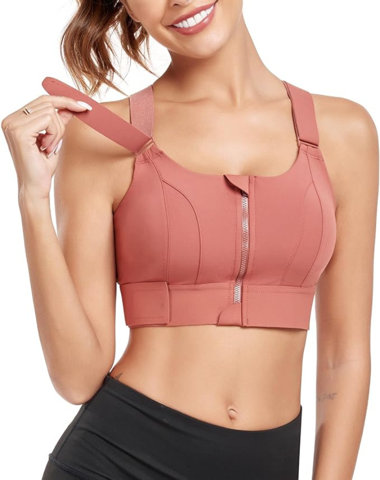 Soutien-gorge sport femme avec fermeture éclair, maintien élevé ajustable, idéal pour course et entraînement.