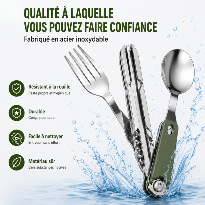 Couverts portables unisexe pour camping, voyage et activités extérieures, compacts et durables.