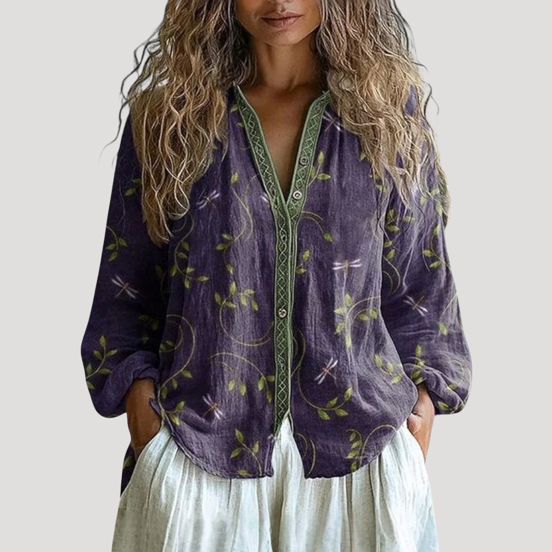 Blouse femme bohème élégante à imprimé floral vibrant, parfaite pour le printemps-été, style décontracté chic.