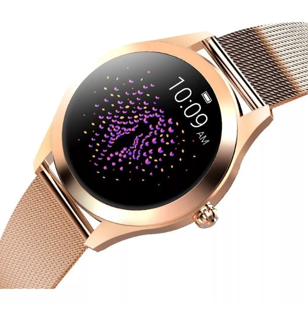 Montre connectée luxe pour femmes, écran HD personnalisable. Suivi cardiaque, pas et sommeil. Étanchéité garantie.