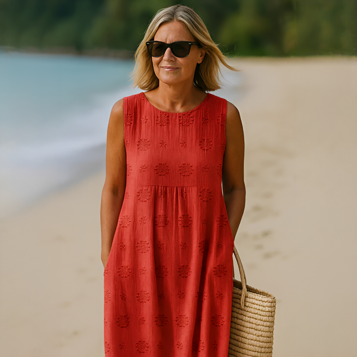 Robe midi d'été sans manches pour femme, fluide et légère, parfaite pour un confort décontracté au quotidien.