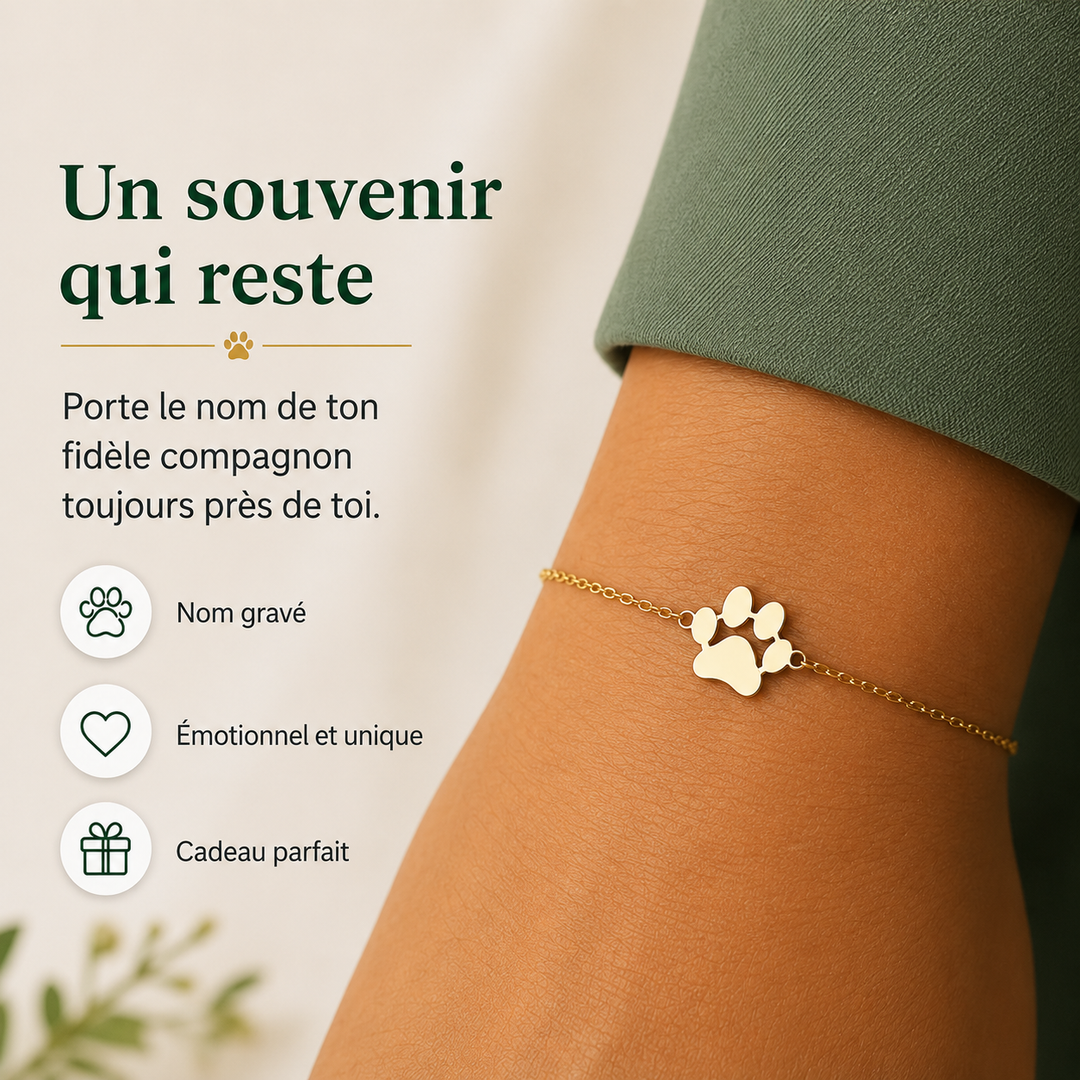 Bracelet femme personnalisé gravé patte de chien, bijou unique et sentimental en acier inoxydable.
