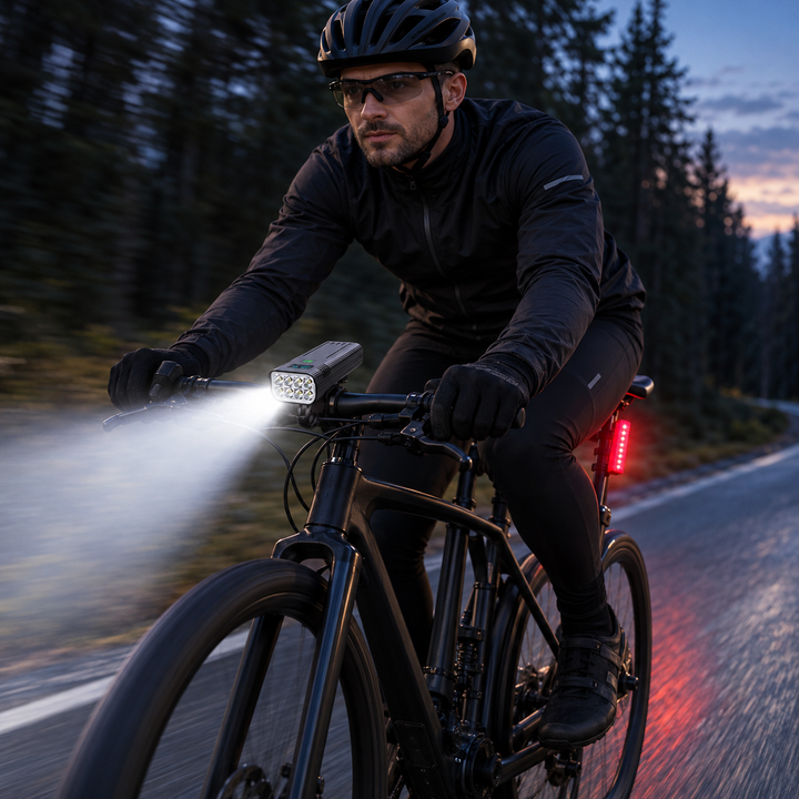 Performance: Lumière vélo LED 8000 lumens avec feu arrière sécurité. Kit rechargeable USB pour VTT et nuit.