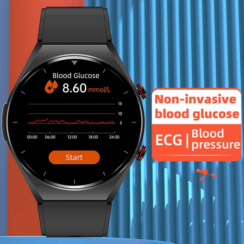 Smartwatch fitness unisexe avec suivi glycémie, ECG, tension. Technologie portable pour surveillance activité et santé globale.