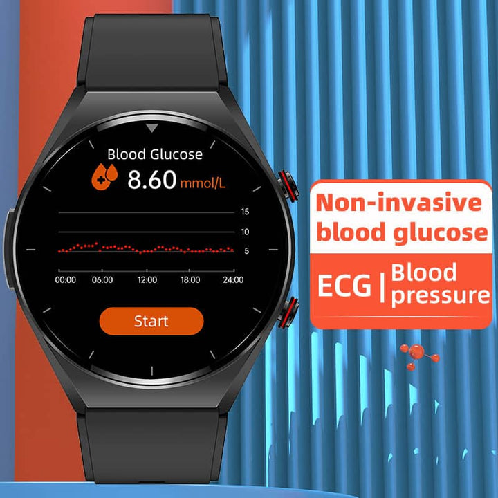 Smartwatch fitness unisexe avec suivi glycémie, ECG, tension. Technologie portable pour surveillance activité et santé globale.