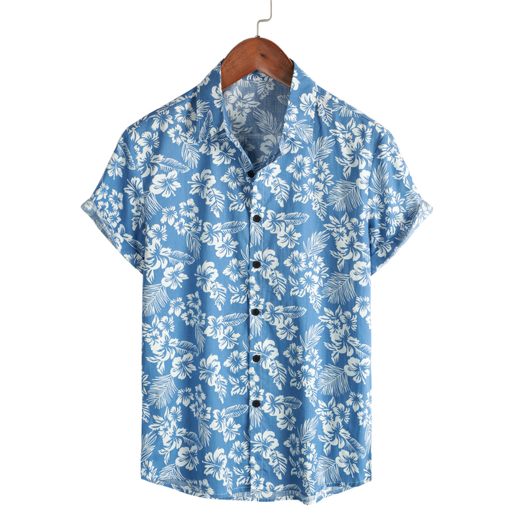 Chemise hawaïenne homme à manches courtes, motif fleuri tropical éclatant, idéale pour l'été et un look décontracté.
